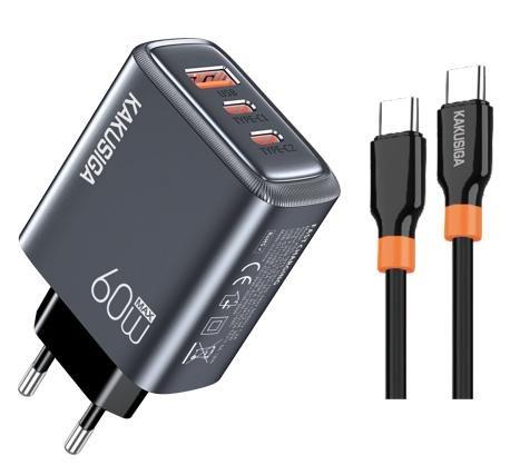 KAKUSIGA KSC-1676 Triple Port PD 60W (2C1A) Private Mold Charger Set (EU) Type-C to Type-C