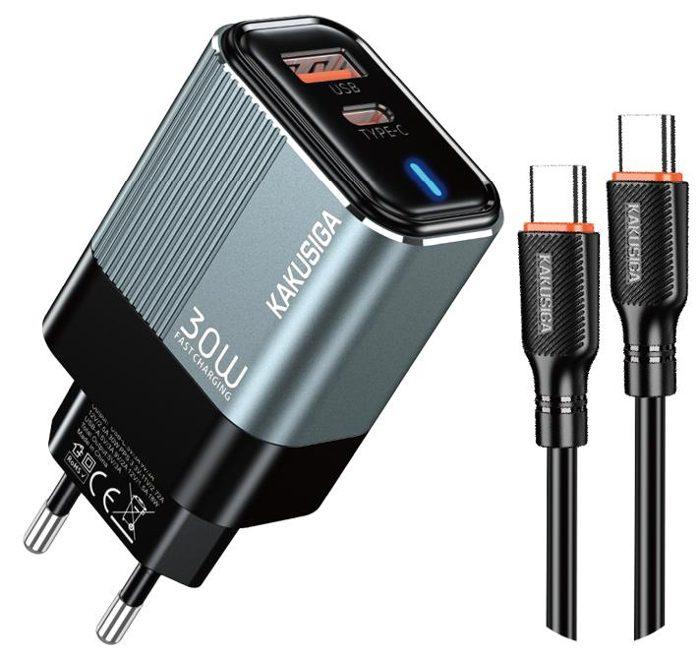 KAKUSIGA KSC-2228 PD30W + QC3.0 Metal Charger Kit Private Mold with LED (EU) (Type-C to Type-C)