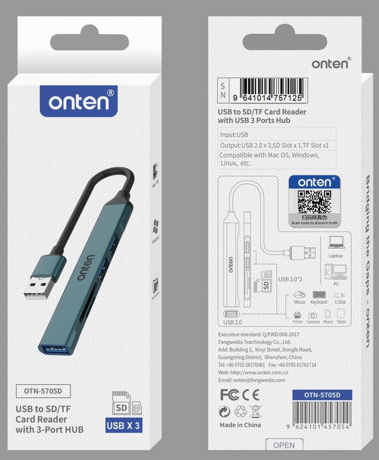 ONTEN OTN-5705D USB 2.0 Card Reader with 3- Port HUB
