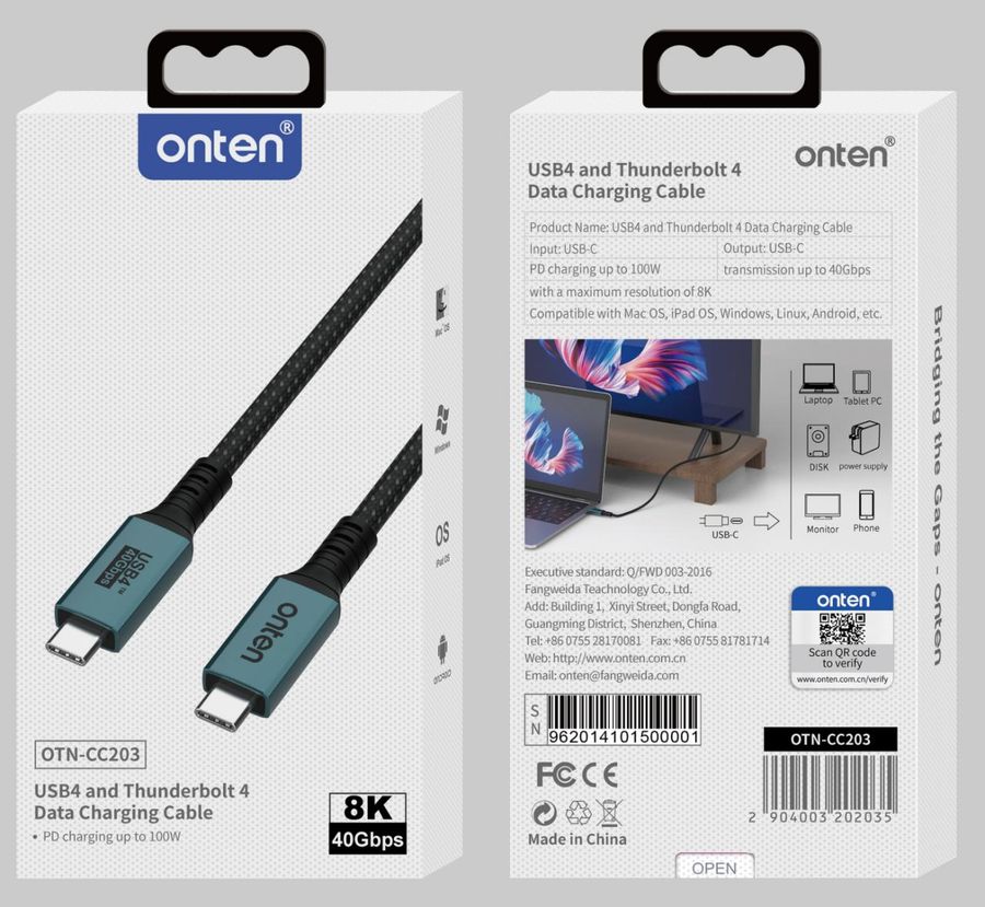 ONTEN OTN-CC203 USB4 and thunderbolt 4 data charging Cable