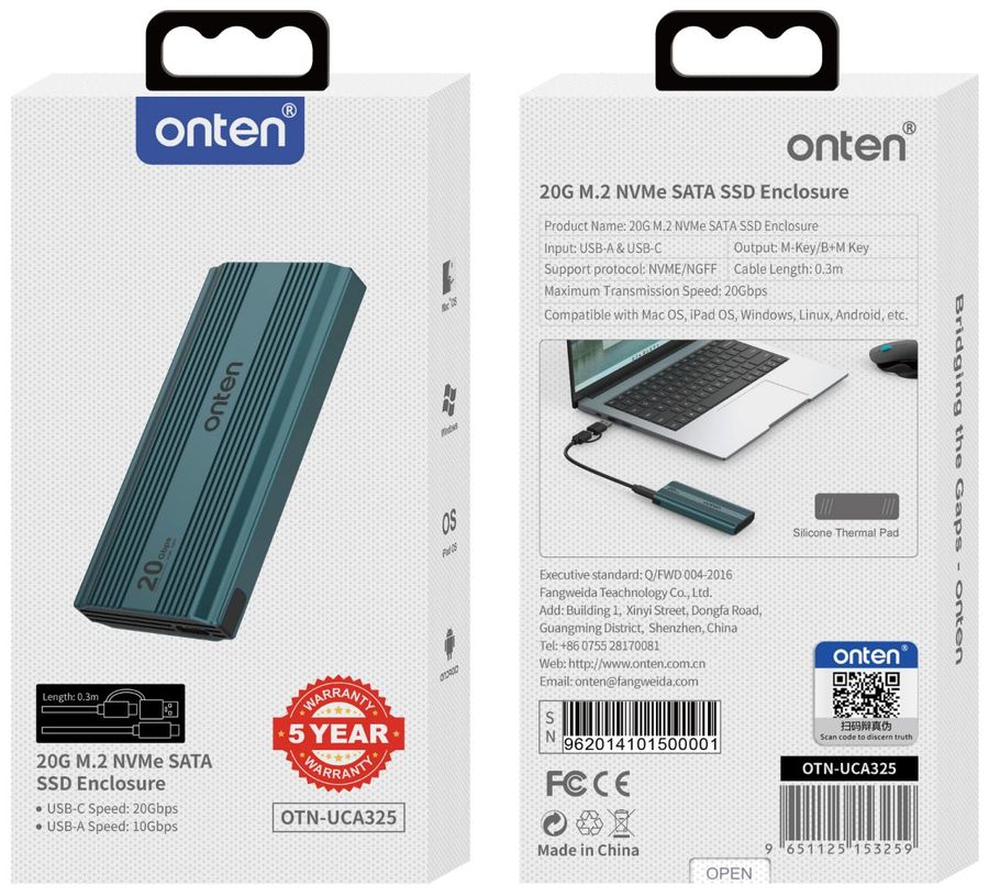 ONTEN OTN-UCA325 USB-C+A (2-in-1 Cable) M. 2 (20Gbps) NVMe/NGFF Protocol SSD Enclosure M.2(20Gbps)NVMe/NGFF