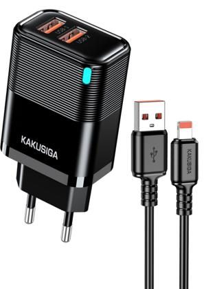 KAKUSIGA KSC-1684 Dual-Port Custom-Molded Charger Set with LED (EU) Lightning